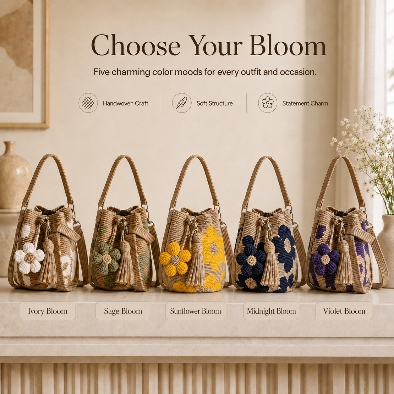 Handwoven Flower Bucket Bag | Summer Boho Woven Handbag