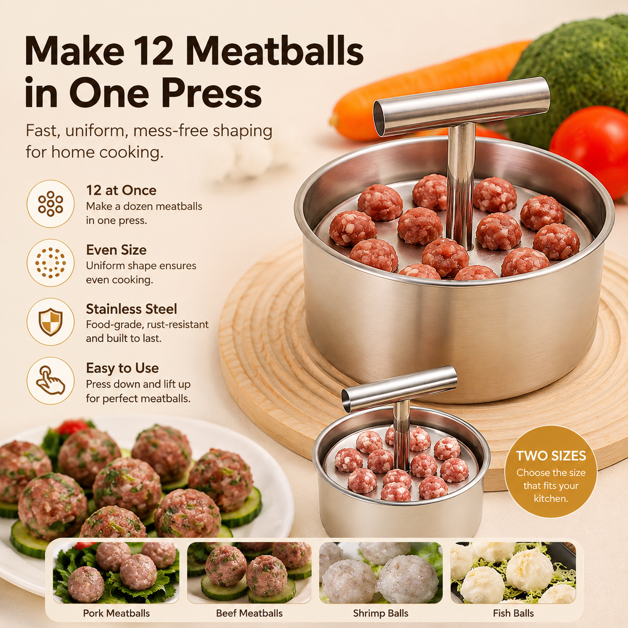 🍽️ Stainless Steel Meatball Maker – Make 12 Meatballs in One Press
