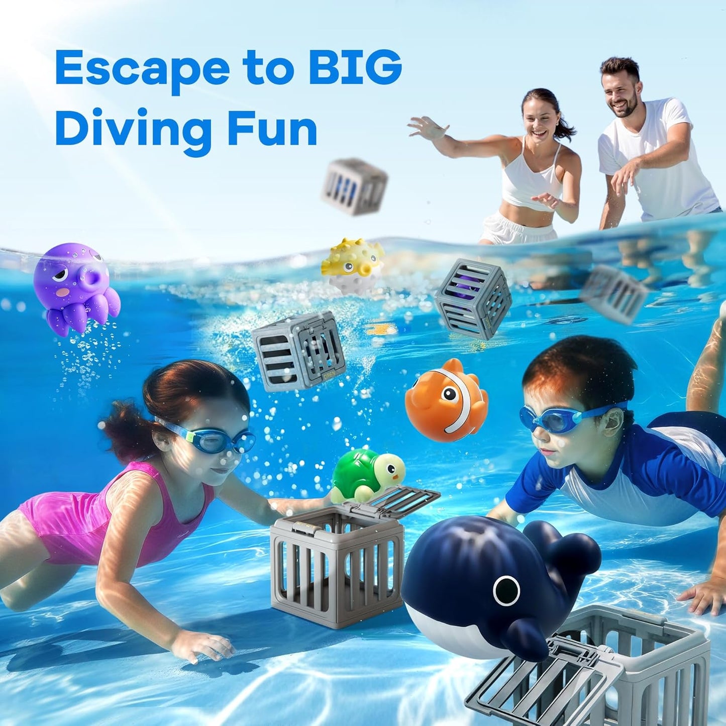 Kids Pool Diving Toys Play Set with Fish Box Floating Animals