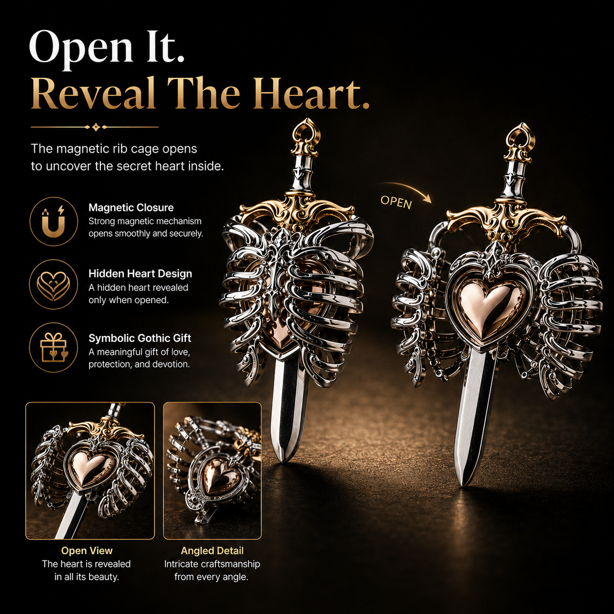 Personalized beating heart and ribcage pendant