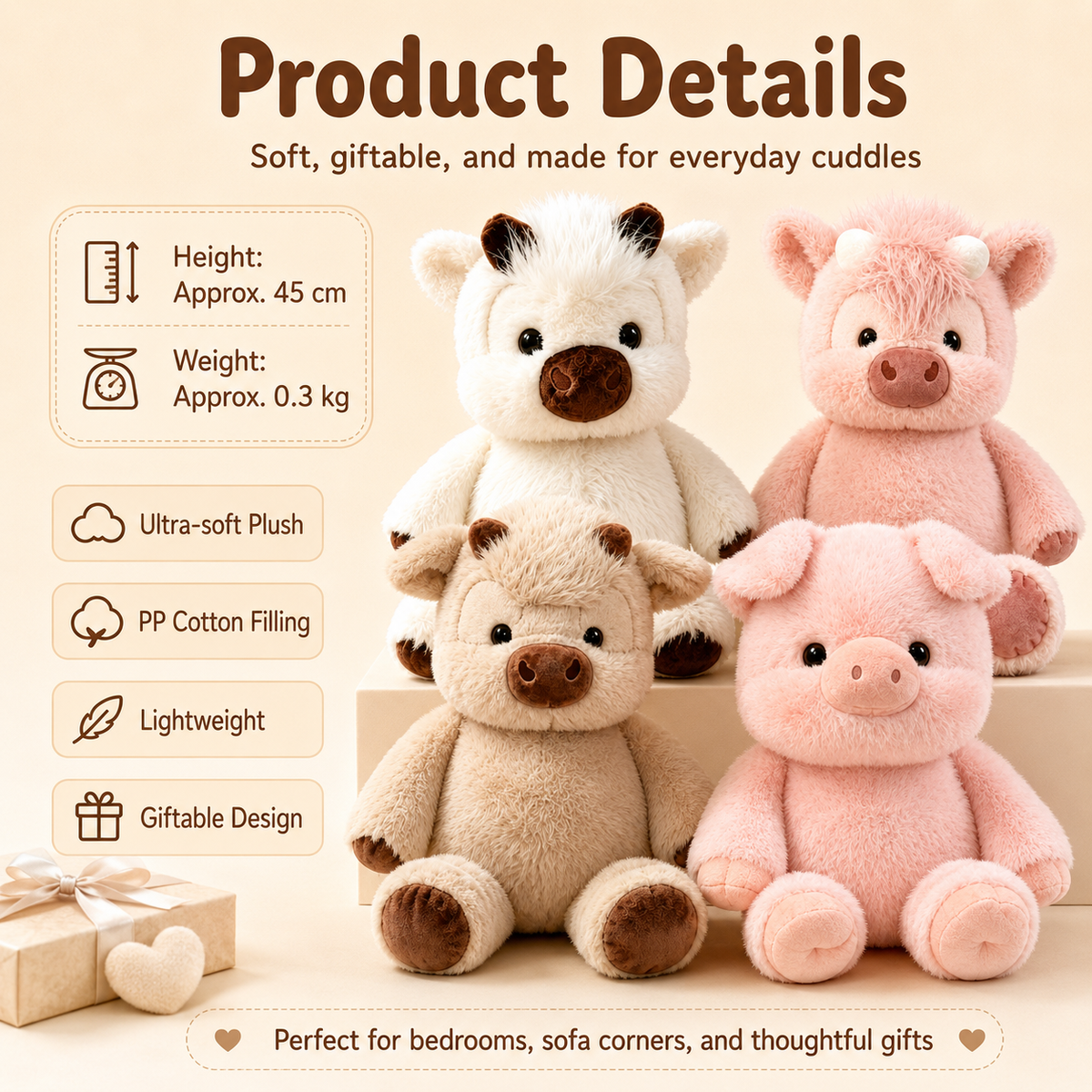 45cm Cow & Pig Plush Toys | Soft Animal Dolls