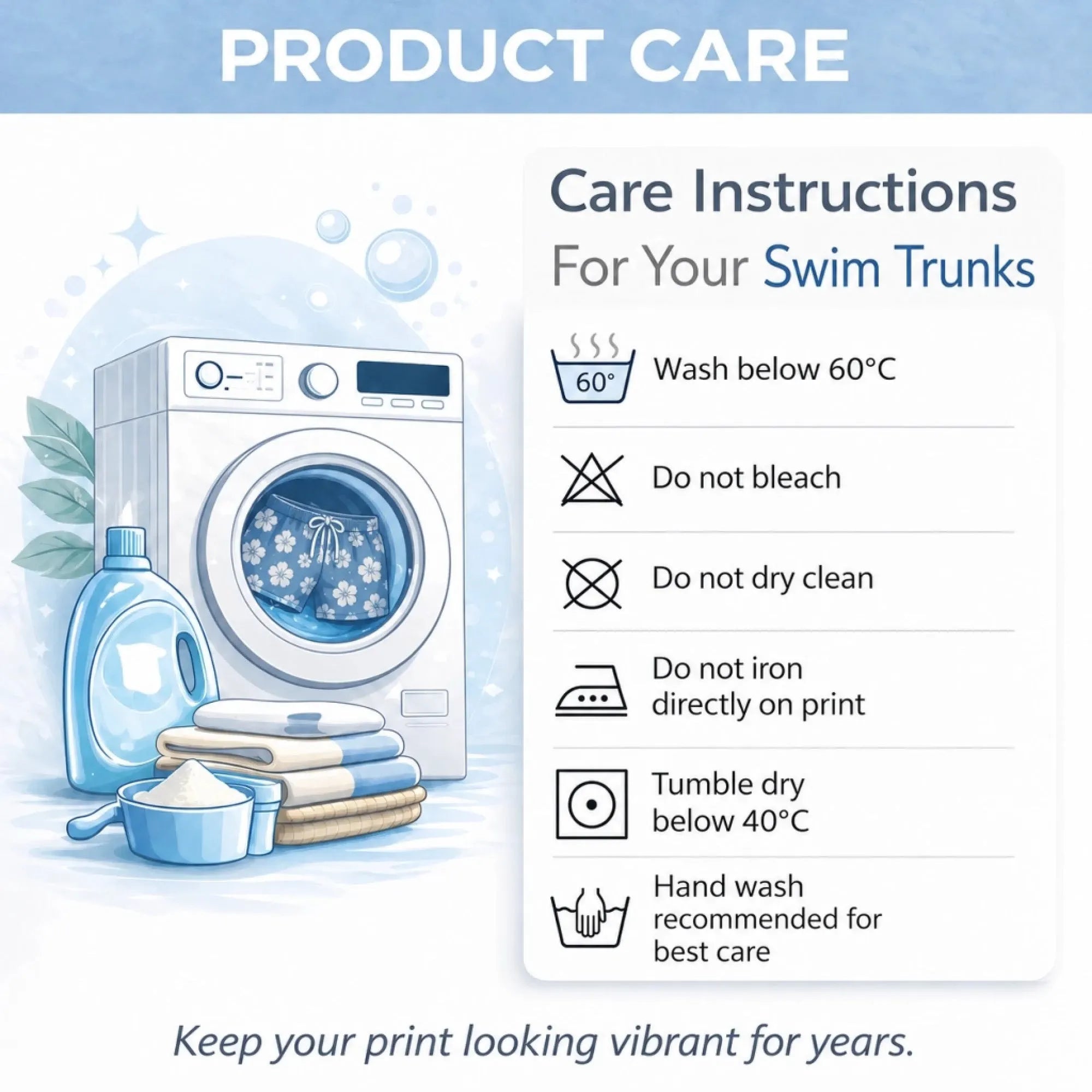 Care instructions for funny swim trunks