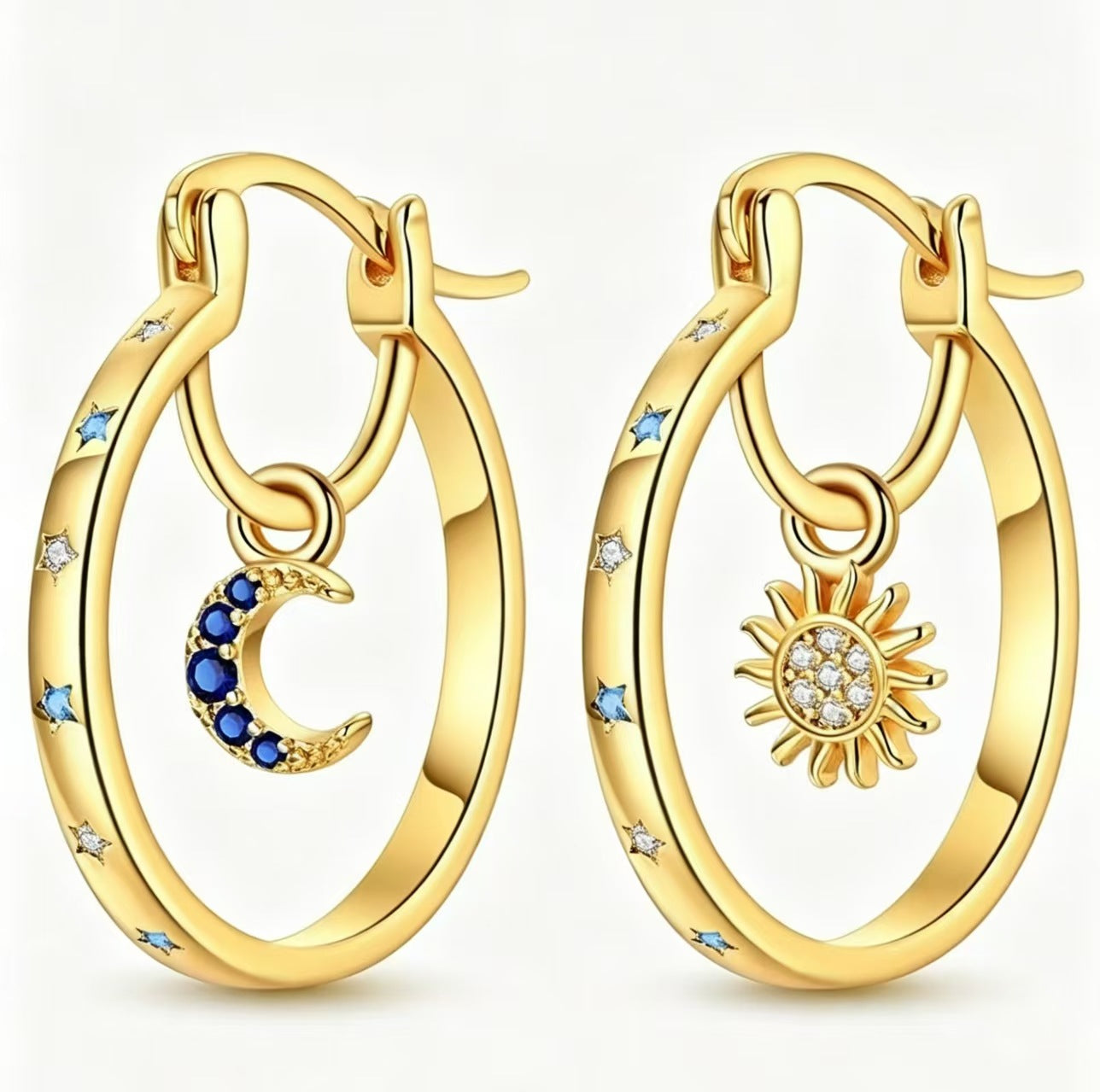 🌙 Celestial Sun & Moon Hoop Earrings – Dreamy Silver Blue Elegance