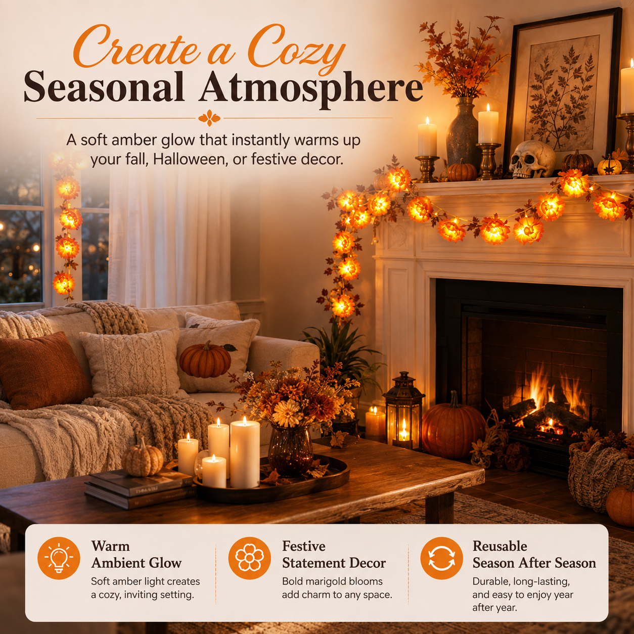 5 ft LED Marigold Flower String Lights for Fall & Halloween