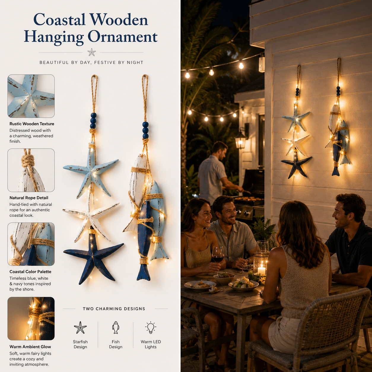 🔥Last Day 49% OFF🐟Lighted Coastal Wooden Starfish & Fish Hanging Decor