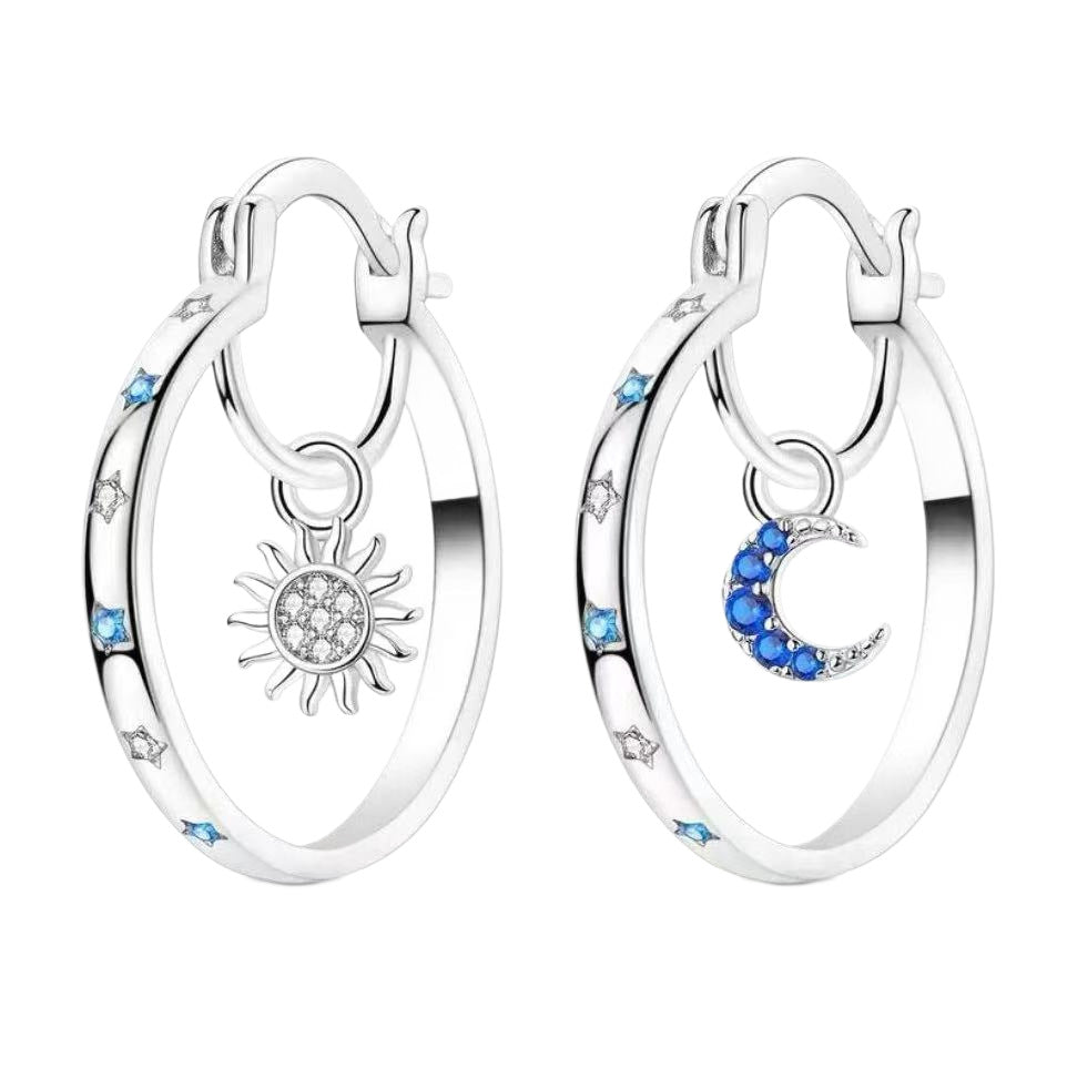 🌙 Celestial Sun & Moon Hoop Earrings – Dreamy Silver Blue Elegance