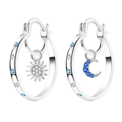🌙 Celestial Sun & Moon Hoop Earrings – Dreamy Silver Blue Elegance