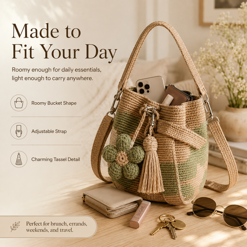 Handwoven Flower Bucket Bag | Summer Boho Woven Handbag