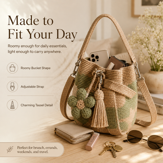 Handwoven Flower Bucket Bag | Summer Boho Woven Handbag