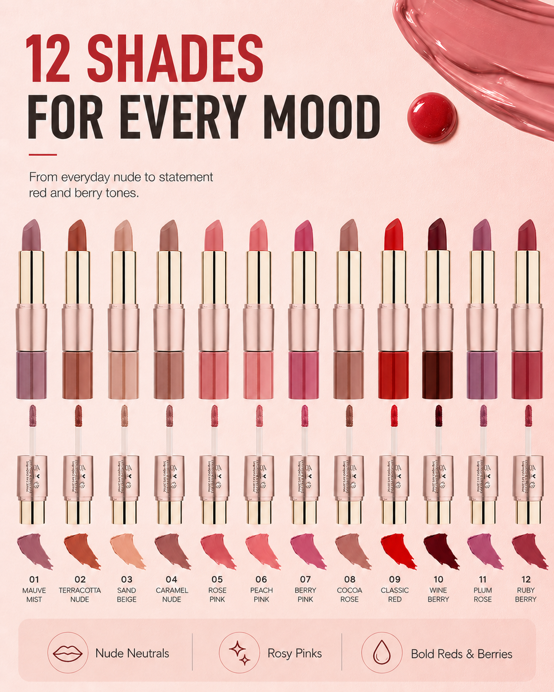 2-in-1 Matte Lipstick & Liquid Lip Glaze | 12 Longwear Shades