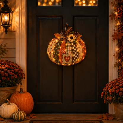 🍂🎃Autumn Retro Patchwork Pumpkin Door Hanging with Lights