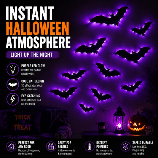Halloween decorative items - 3D black bat wall stickers with LED lights