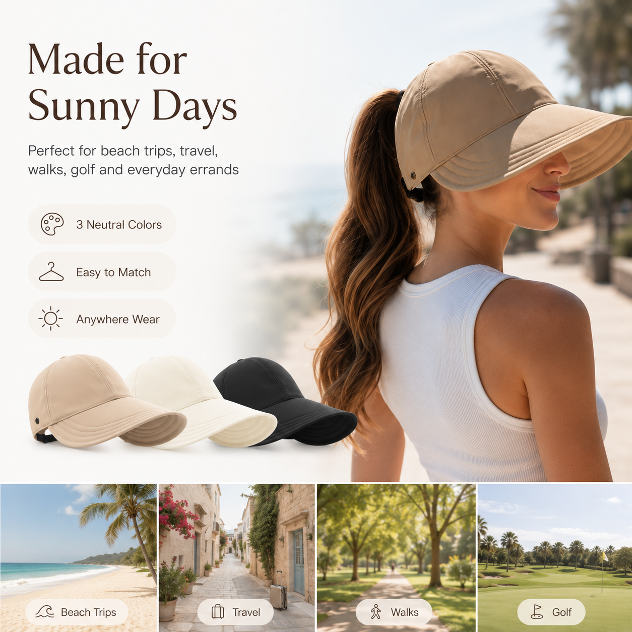 ☀️ Women’s Wide Brim Ponytail Sun Hat – Packable Full Face Shade Cap
