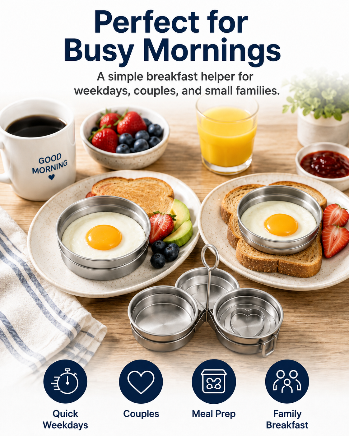 3-Cup Stainless Steel Egg Ring Set | Round & Heart Base