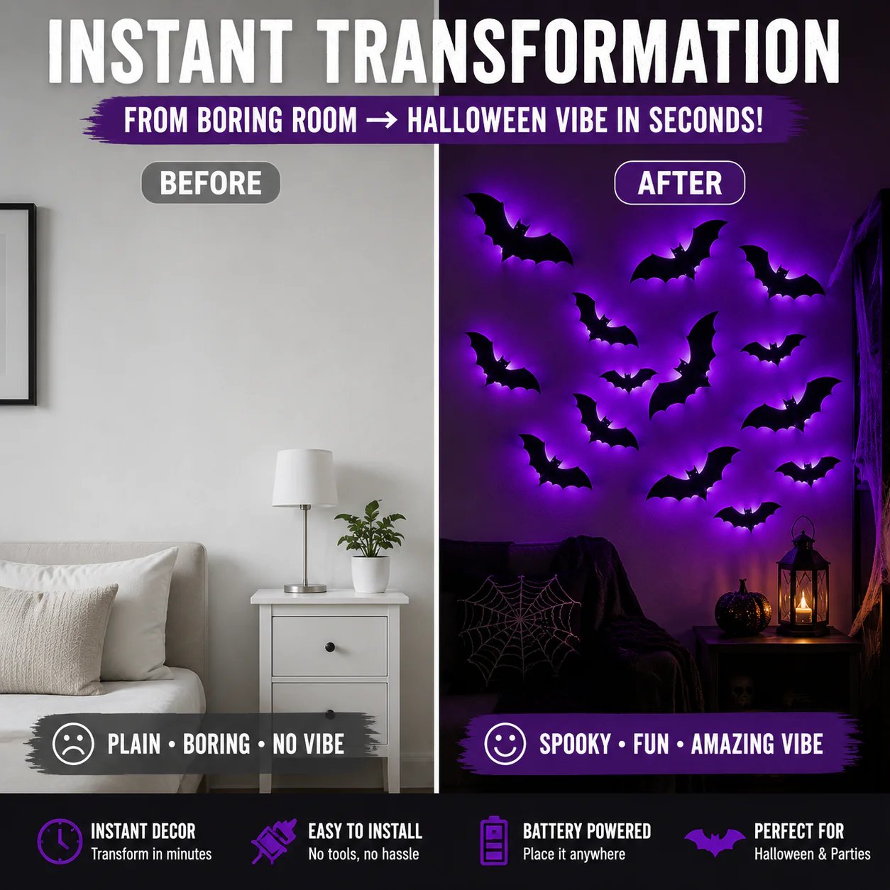 Halloween decorative items - 3D black bat wall stickers with LED lights