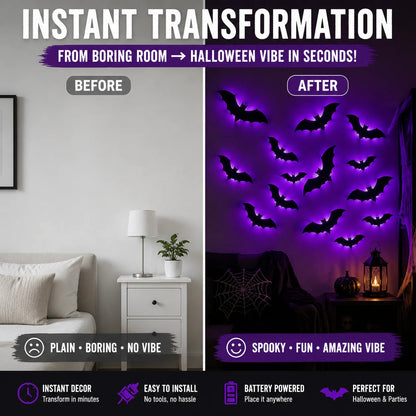 Halloween decorative items - 3D black bat wall stickers with LED lights