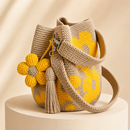 Handwoven Flower Bucket Bag | Summer Boho Woven Handbag