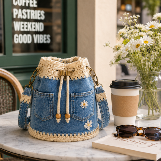 💥SAVE 33%👖 Denim Crochet Drawstring Bucket Bag, Vintage Daisy Crossbody Shoulder Bag For Women