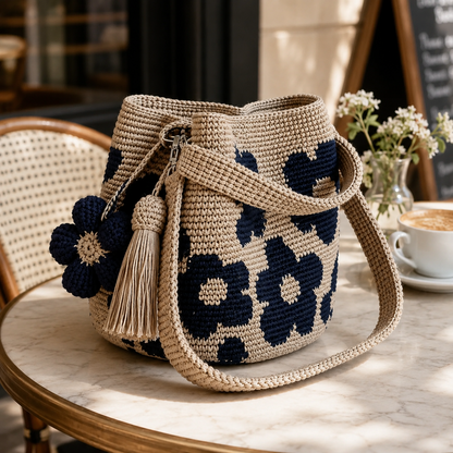 Handwoven Flower Bucket Bag | Summer Boho Woven Handbag