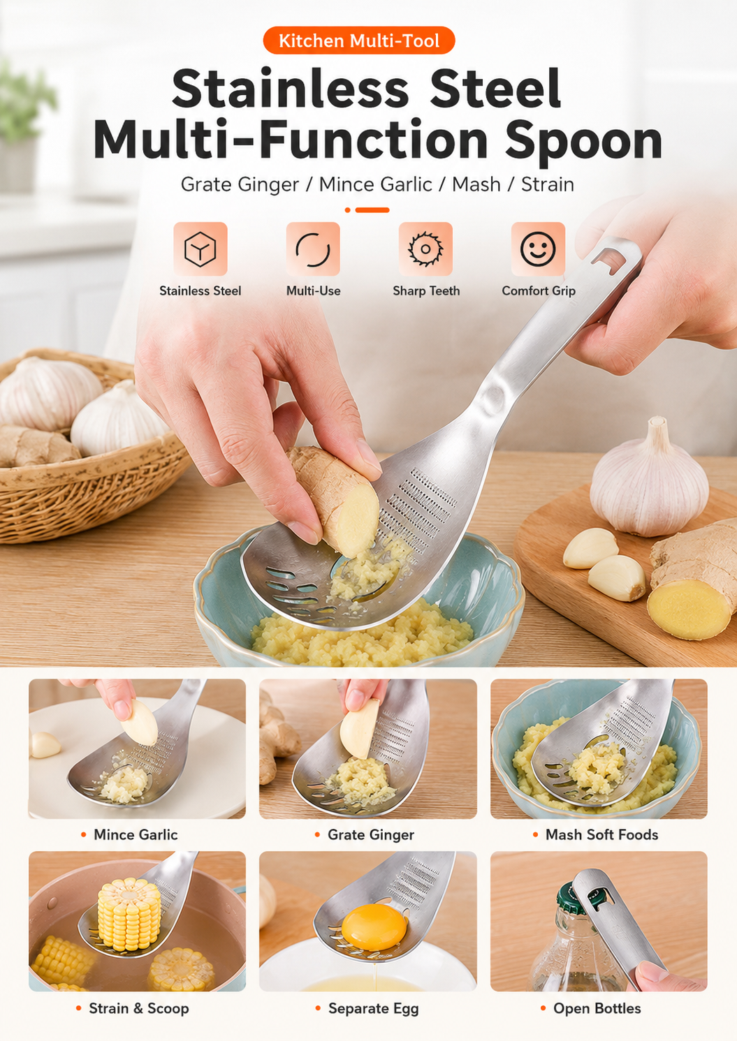 Multifunctional Garlic & Ginger Grater Spoon | Stainless Steel