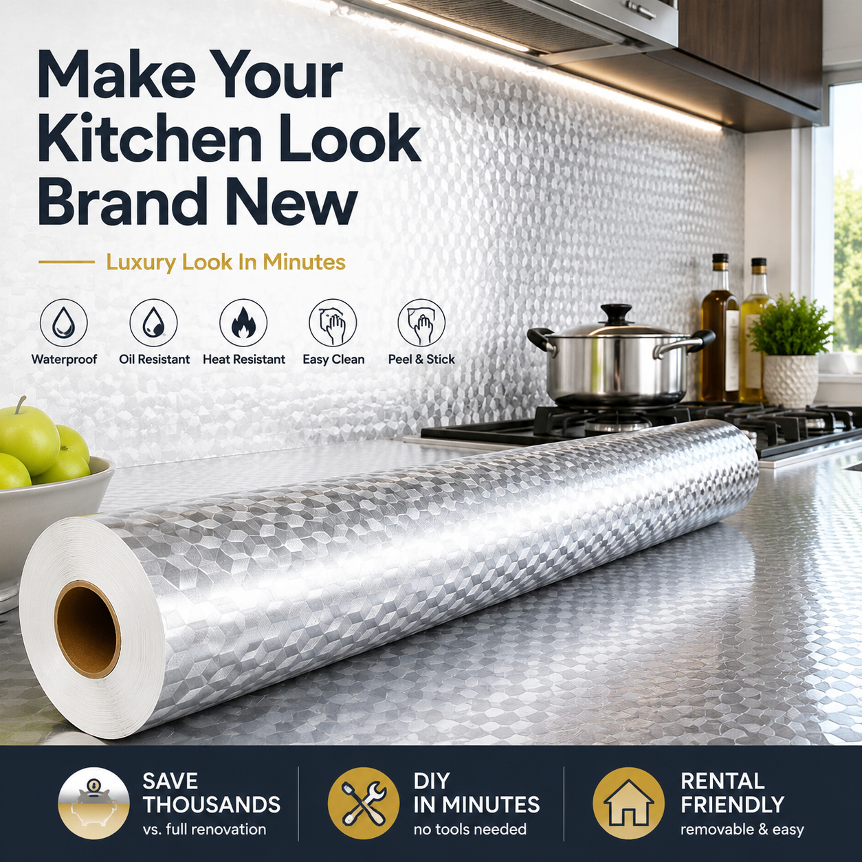 Peel & Stick Kitchen Makeover Film – Waterproof DIY Countertop