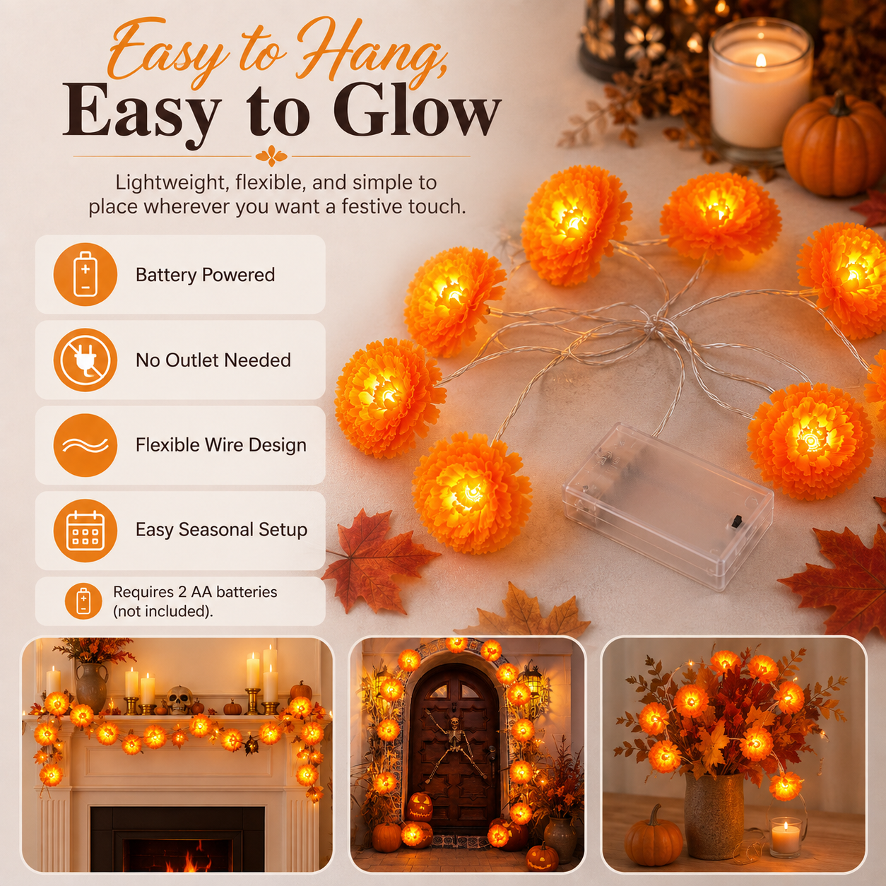 5 ft LED Marigold Flower String Lights for Fall & Halloween