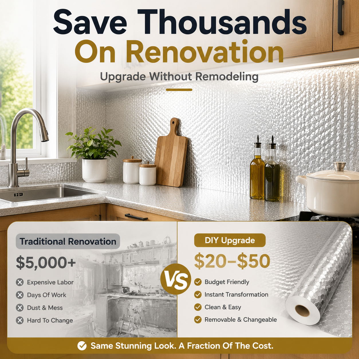 Peel & Stick Kitchen Makeover Film – Waterproof DIY Countertop