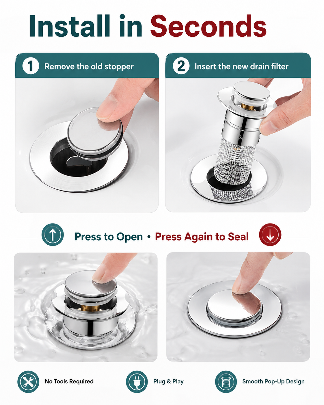 Upgraded Pop-Up Sink Drain Filter with Hair Catcher