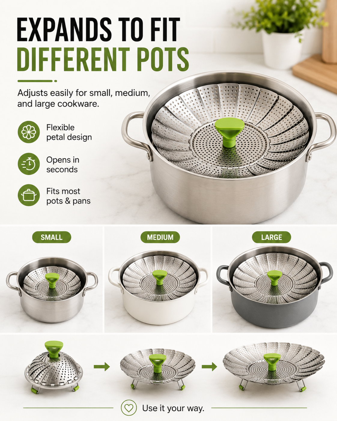 Expandable Stainless Steel Steamer Basket | Foldable Pot Insert