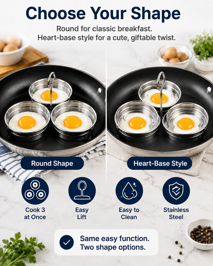 3-Cup Stainless Steel Egg Ring Set | Round & Heart Base