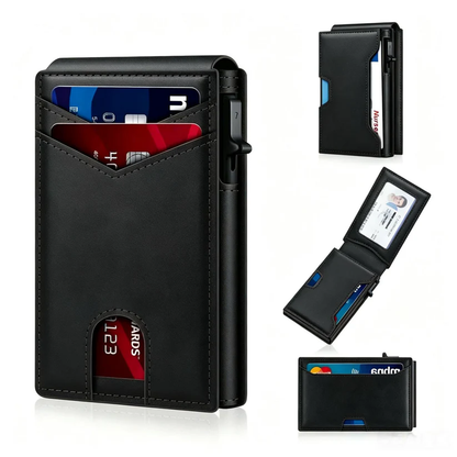 🔥Slim Pop-Up RFID Wallet for Men – Secure Aluminum Card Holder with Cash Slot & ID Window
