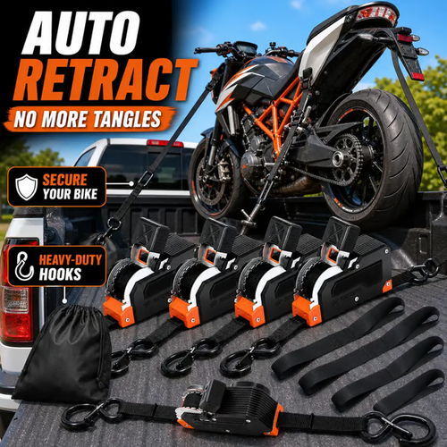 Dual-End Retractable Tie-Down Ratcheting Straps