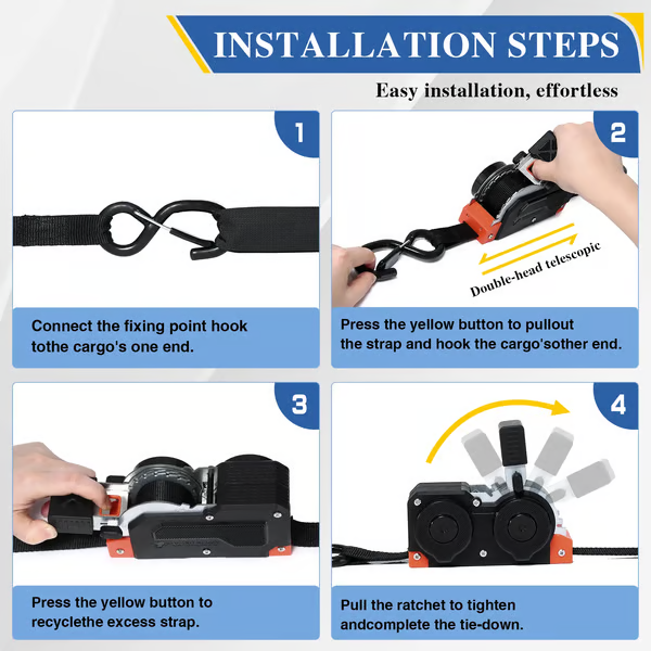 Dual-End Retractable Tie-Down Ratcheting Straps
