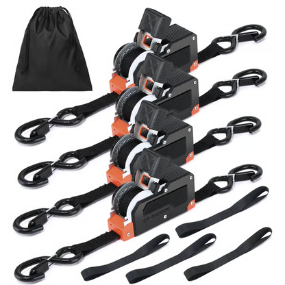 Dual-End Retractable Tie-Down Ratcheting Straps