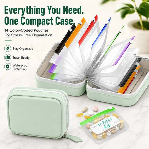 14-Pouch Travel Pill Organizer | Color-Coded Storage Case