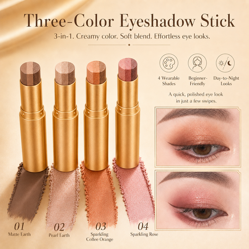 3 in 1 Easy Eyeshadow Stick for Beginners Waterproof Longwear Shimmer Makeup Set