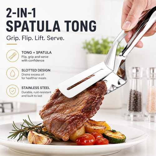 2-in-1 Stainless Steel Spatula Tongs | Flip, Grip & Serve