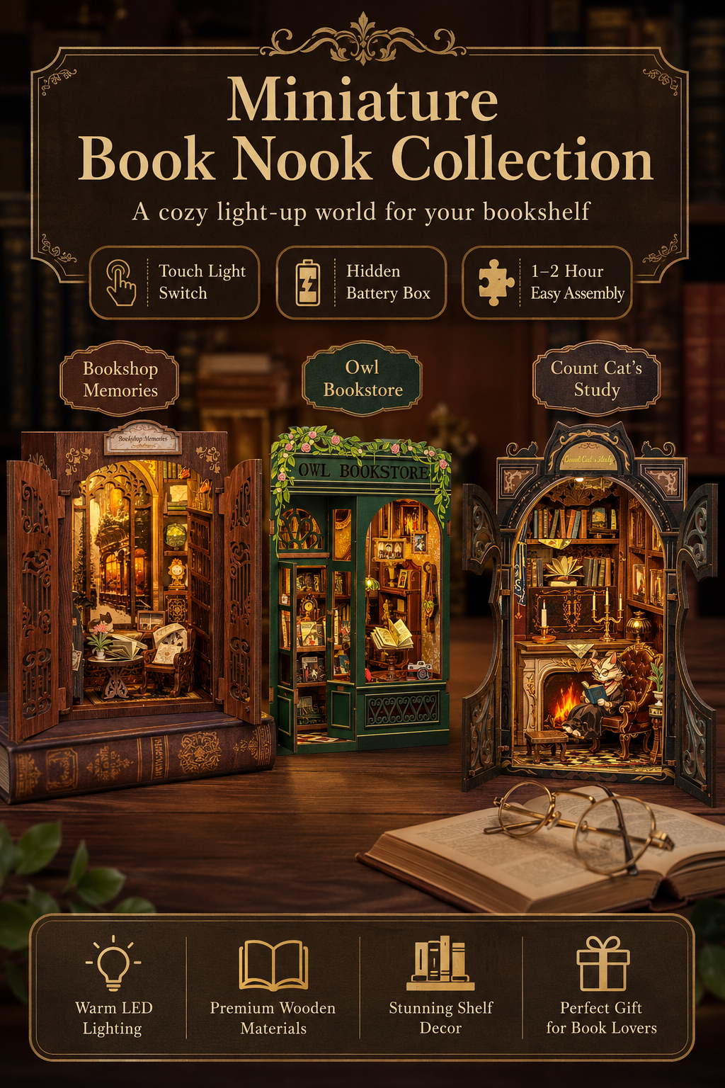 DIY Miniature Book Nook Kit with LED Lights