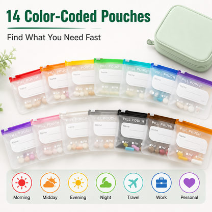 14-Pouch Travel Pill Organizer | Color-Coded Storage Case