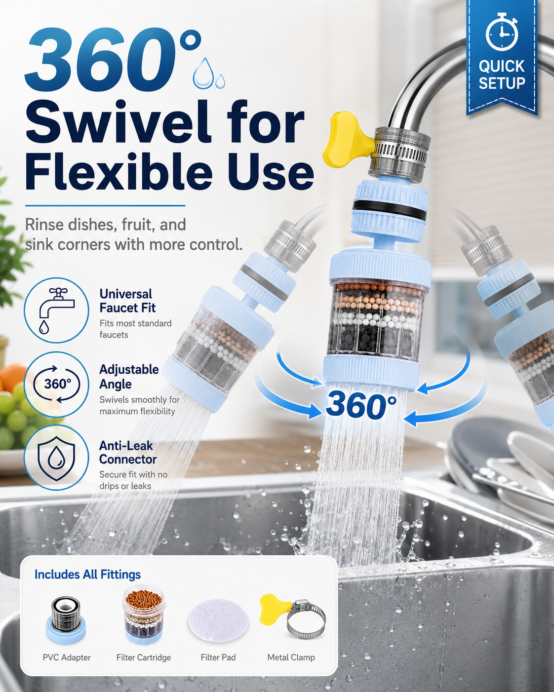 360° Swivel Faucet Water Filter for Kitchen Sinks