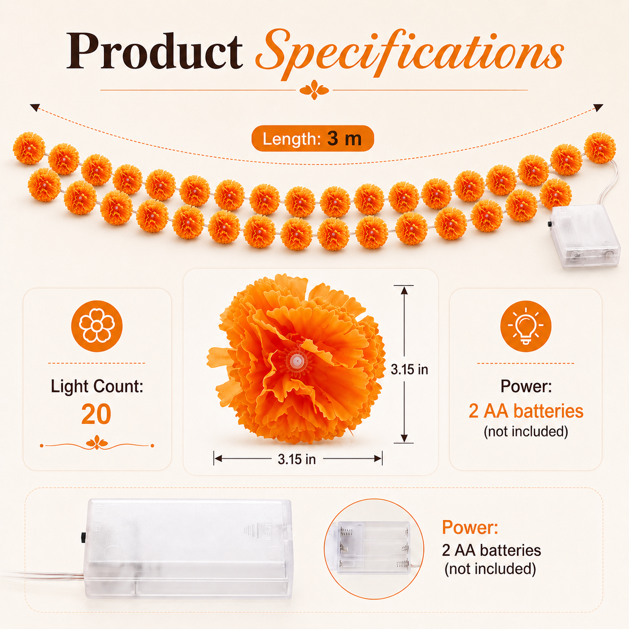 5 ft LED Marigold Flower String Lights for Fall & Halloween