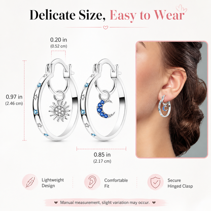 🌙 Celestial Sun & Moon Hoop Earrings – Dreamy Silver Blue Elegance