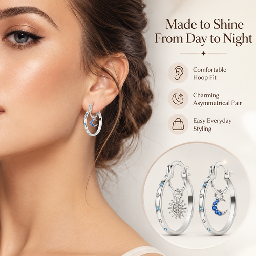 🌙 Celestial Sun & Moon Hoop Earrings – Dreamy Silver Blue Elegance