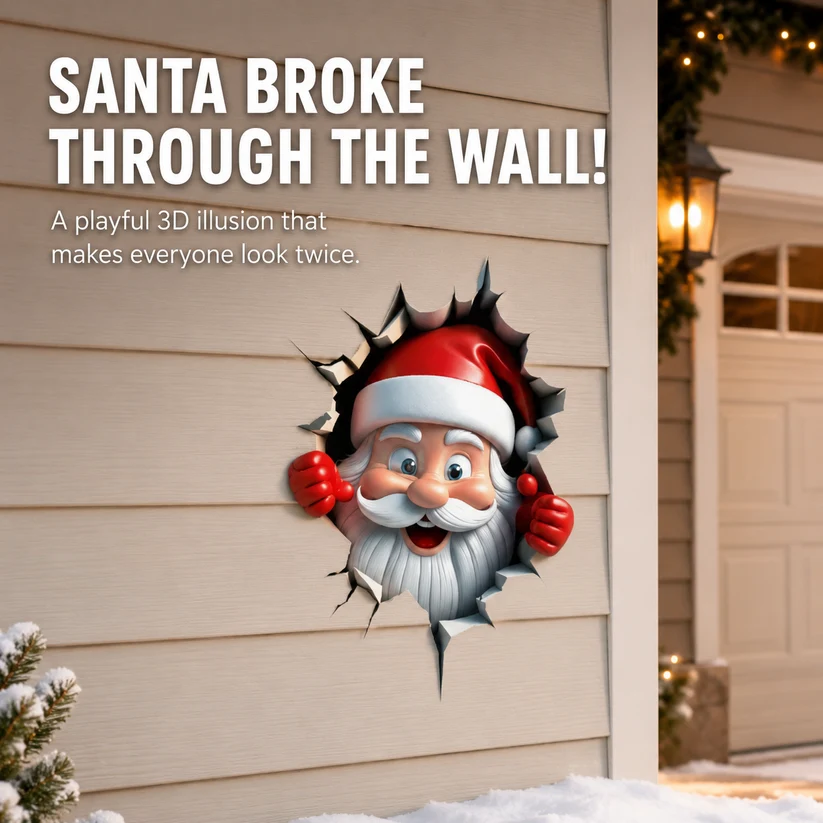 🎅 Santa Breaking Through Wall Decal – Funny Christmas Illusion Sticker