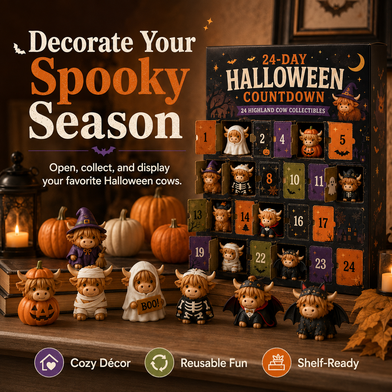 24-Day Halloween Countdown Calendar | Highland Cow Flat Figures