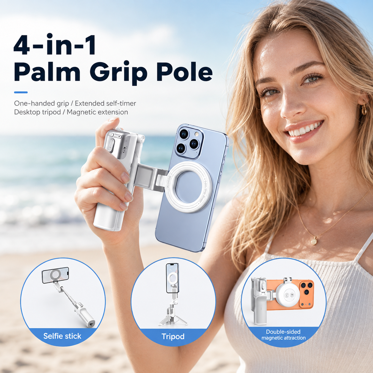 📸 Zoomable Magnetic Palm Grip | Selfie Stick & Tripod
