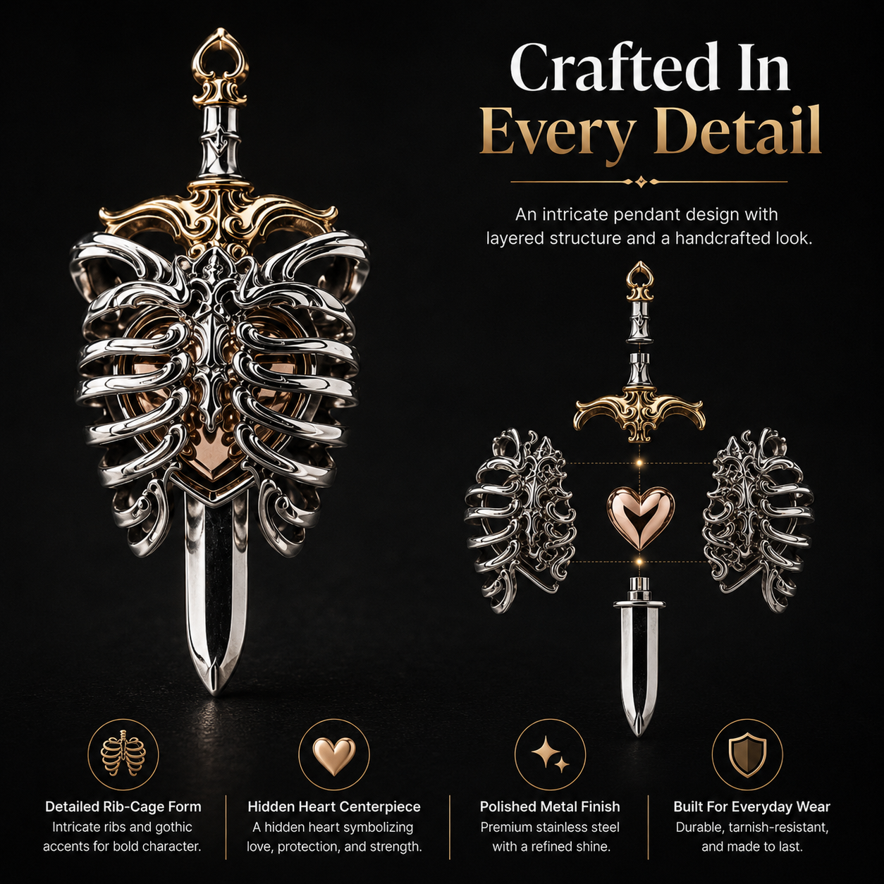 Personalized beating heart and ribcage pendant