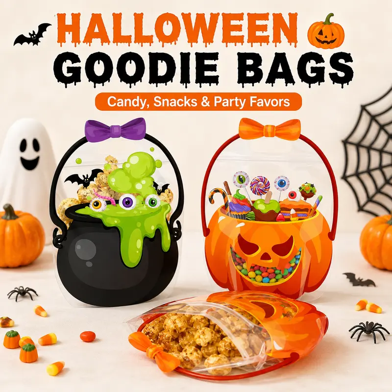 🎃 12-Pack Halloween Goodie Bags | Pumpkin & Cauldron Treat Bags🍭