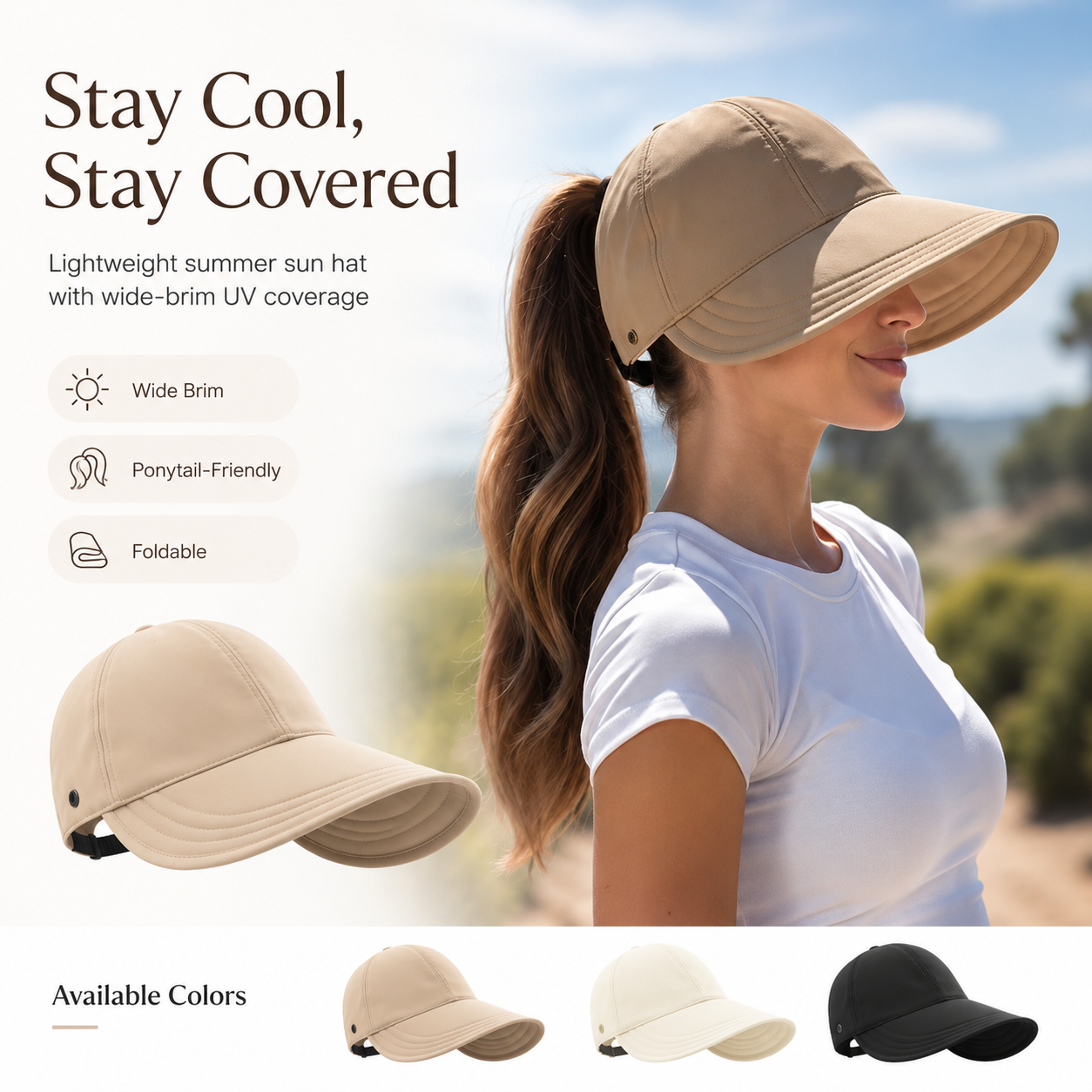 ☀️ Women’s Wide Brim Ponytail Sun Hat – Packable Full Face Shade Cap