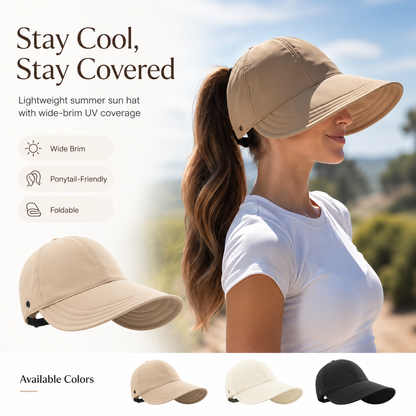 ☀️ Women’s Wide Brim Ponytail Sun Hat – Packable Full Face Shade Cap
